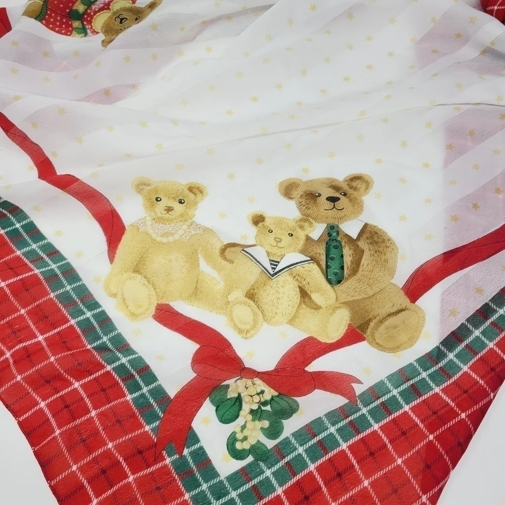 Avon | Vintage White Square Christmas Teddy Themed Scarf/Handkerchief (One Size)